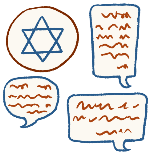 a drawing of three speech bubbles next to a white circle containing a dark blue Star of David. all three speech bubbles have light brown scribbles in them going from right-to-left.